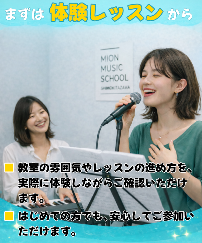 『まずは体験レッスンから』と案内する画像。ミオンミュージックスクールで女性がマイクで歌い、講師がキーボードで伴奏している様子とともに、教室の雰囲気やレッスンの進め方を実際に体験でき、初めての方でも安心して参加できることを紹介している。