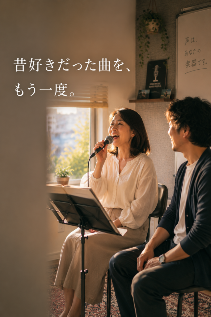 大人初心者向けのボーカル・ボイストレーニング教室で、講師とマンツーマンで好きな曲を歌うレッスン風景。基礎から楽しく学べるミオンミュージックスクールの音楽レッスンです。