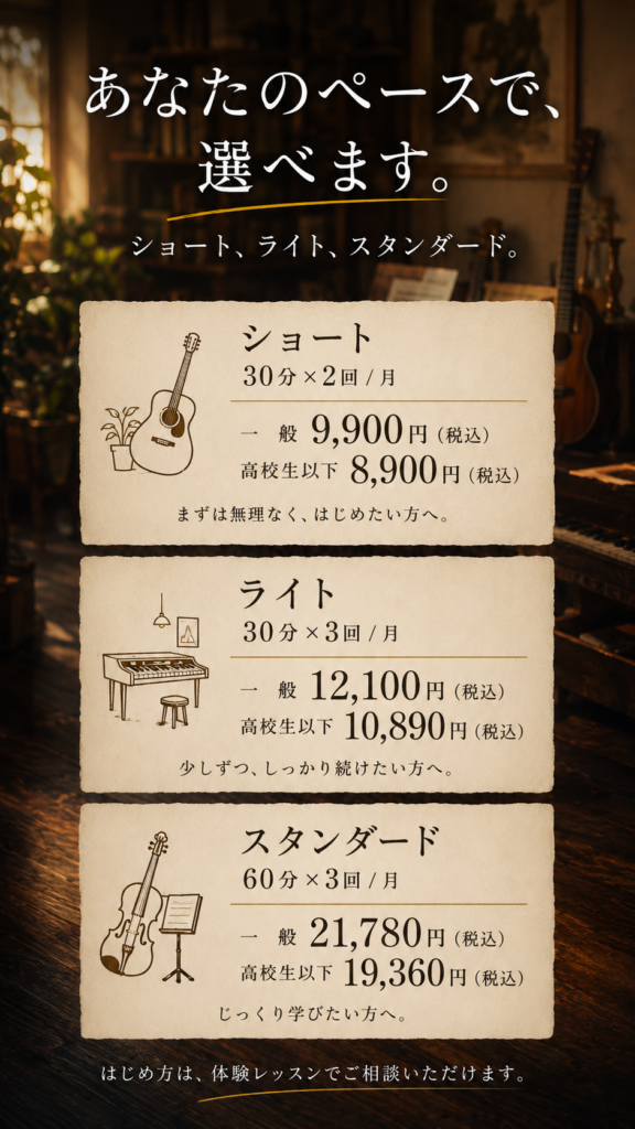 ミオンミュージックスクールの月謝プラン一覧。初心者向けのショート、無理なく続けるライト、じっくり学べるスタンダードから、自分のペースに合った音楽レッスンを選べます。