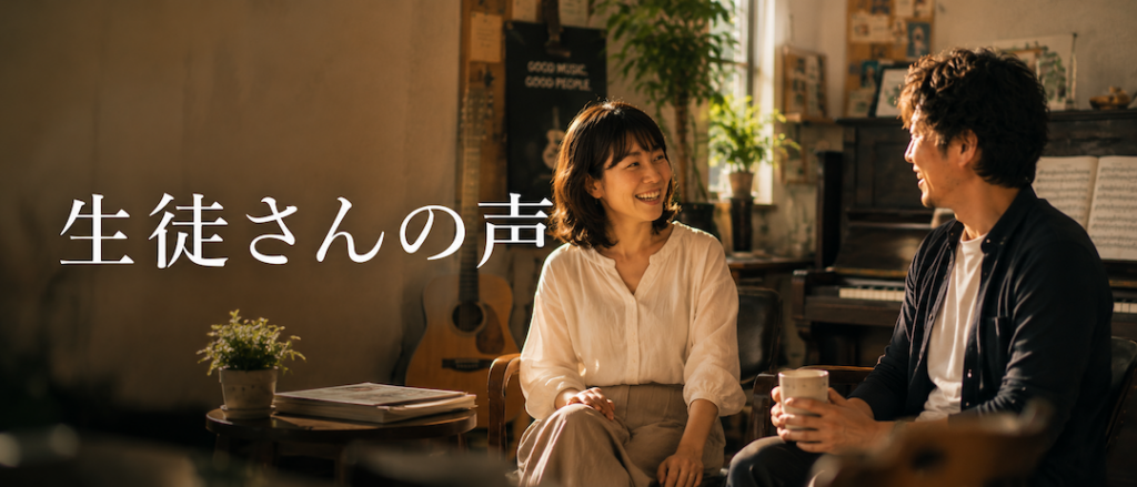 ミオンミュージックスクールで、講師と音楽について語り合う生徒の様子。初心者から大人まで、安心して通える音楽教室の生徒さんの声を紹介しています。