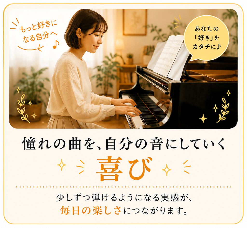 ミオンのピアノレッスンで、女性が憧れの曲を少しずつ弾けるようになる喜びを感じている様子。