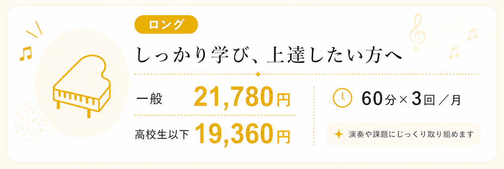 ロングプランは60分レッスンを月3回。一般21,780円、高校生以下19,360円で、演奏や課題にじっくり取り組みたい方向けです。